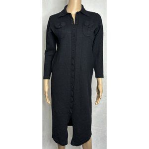 Jones New York Country Sweater Dress Womens L Black Button Front 100% Wool Vtg